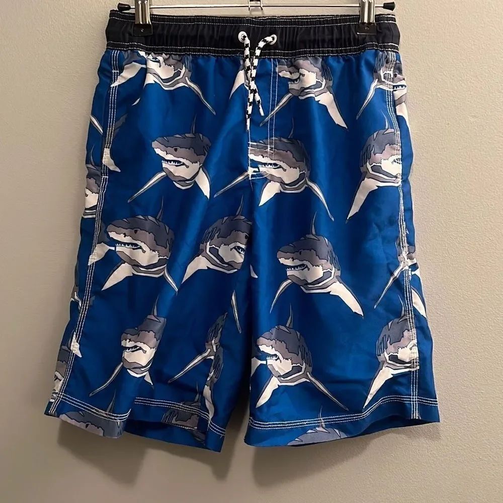 Gymboree Boy's Blue Shark Drawstring Elastic Waist Swim Shorts Extra Large (14)
